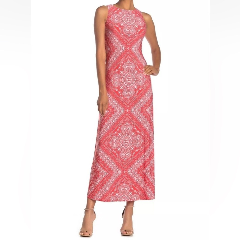 Eliza J Coral Bandana-Print Sleeveless Maxi Dress